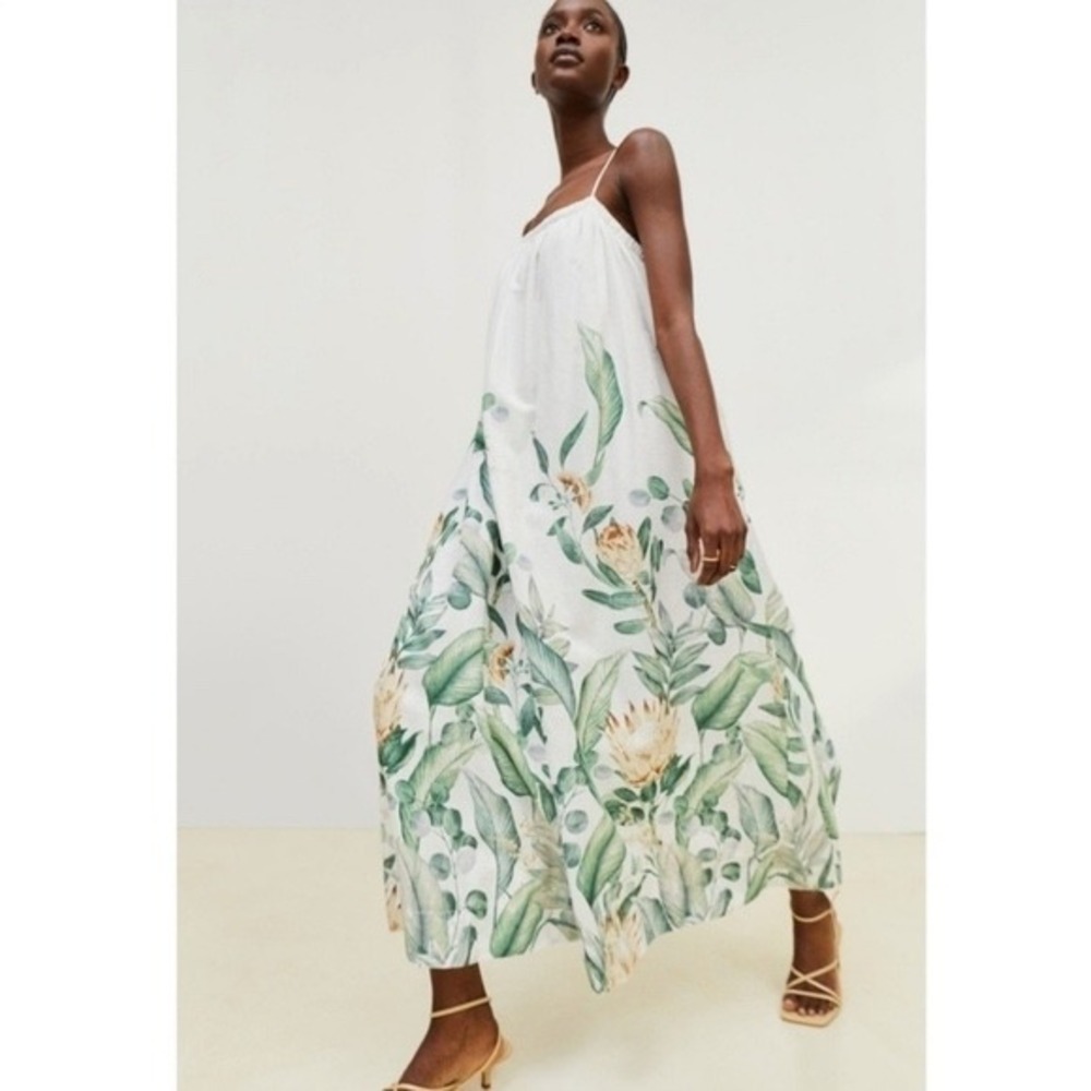 H&M Small Voluminous Linen Blend Dress White Leaf Print Botanical Midi Dress